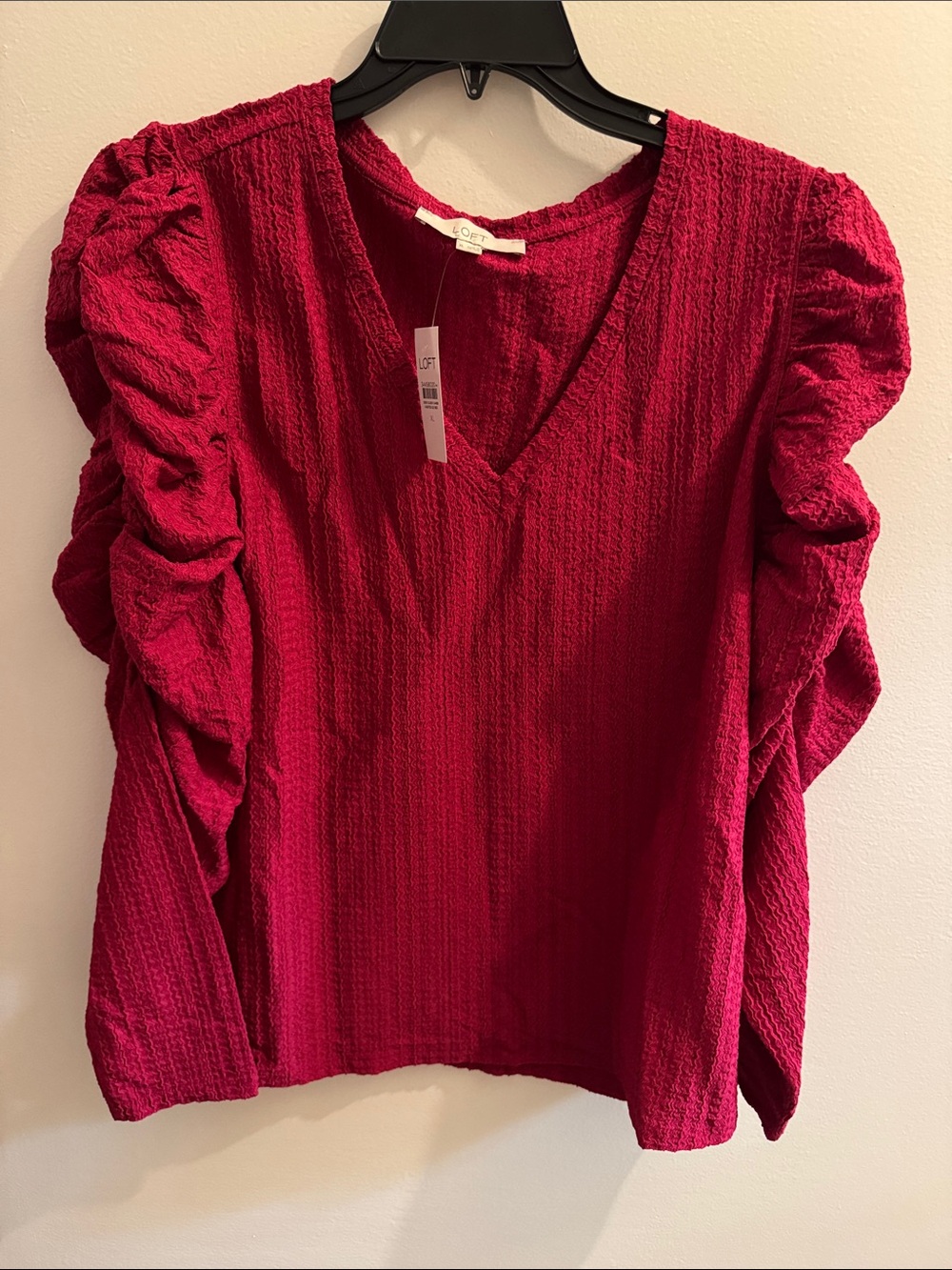 LOFT Red Textured V-Neck Ruffle Sleeve Top